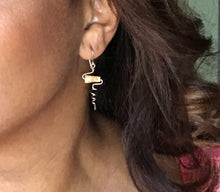 Load image into Gallery viewer, Wine Earrings. 14k Gold Champagne Bottle and Cork Screw Earrings with Genuine Citrine. White Wine Gift. Cocktail Jewelry
