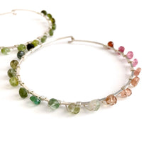 Load image into Gallery viewer, Watermelon Tourmaline Hoop Earrings - Large Sterling Silver Multi Color Gemstone Hoops. 2.5 inch diameter
