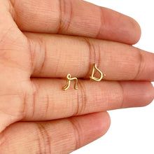 Load image into Gallery viewer, Gold Initial Earrings. 14k gold filled Small Dainty lowercase script earrings. Gold Letter Wire Studs. Aziza Jewelry

