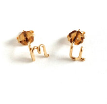 Load image into Gallery viewer, Gold Initial Earrings. 14k gold filled Small Dainty lowercase script earrings. Gold Letter Wire Studs. Aziza Jewelry
