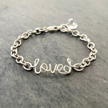 Load image into Gallery viewer, Loved Bracelet. Sterling Silver Wire Word Script Blessed Bracelet. Lowercase Calligraphy Bracelet. Inspiration Jewelry. Faith Jewelry

