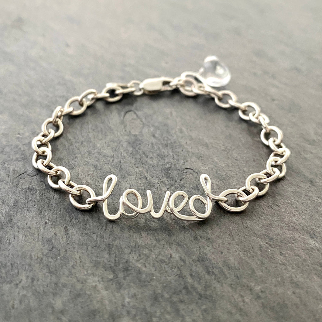 Loved Bracelet. Sterling Silver Wire Word Script Blessed Bracelet. Lowercase Calligraphy Bracelet. Inspiration Jewelry. Faith Jewelry