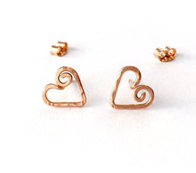 Load image into Gallery viewer, Rose Gold Heart Stud Earrings. Hand Hammered Heart Spiral Swirl Studs. Pink Gold Filled Heart Post Earrings. Small Girl Valentines Day Studs
