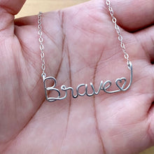Load image into Gallery viewer, Script Brave Heart Necklace. Love Necklace. Sterling Silver Custom Name Wire Necklace. Valentine’s Day Gift.
