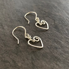 Load image into Gallery viewer, Heart Earrings. Sterling Silver Hammered Heart Small Hoop Dangle Earrings. 925 Silver Open Heart Earrings. 1 inch long. Aziza Jewelry
