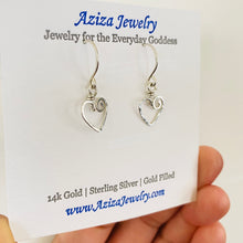Load image into Gallery viewer, Heart Earrings. Sterling Silver Hammered Heart Small Hoop Dangle Earrings. 925 Silver Open Heart Earrings. 1 inch long. Aziza Jewelry
