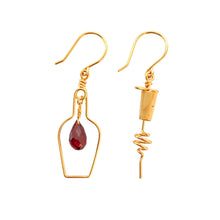 Load image into Gallery viewer, Wine Earrings. Red Wine Bottle Cork Screw Earrings. Red Garnet Wine Lovers 14k Gold Earrings. Wine Gift. Wine Present
