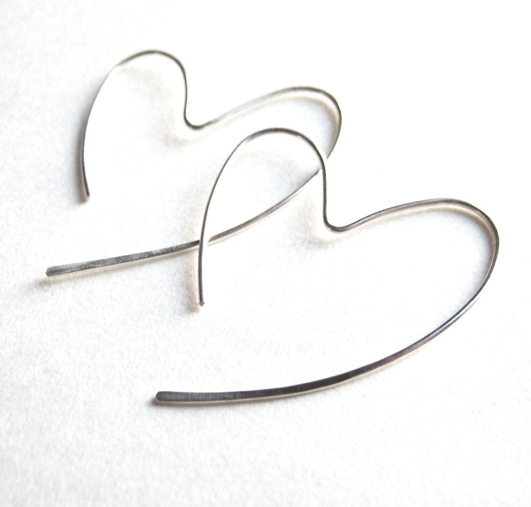 Heart Earrings. Sterling Silver Hammered Heart Hoop Earrings. 925 Silver Open Heart Dangle Earrings. Aziza Jewelry