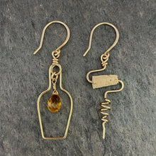 Load image into Gallery viewer, Wine Earrings. 14k Gold Champagne Bottle and Cork Screw Earrings with Genuine Citrine. White Wine Gift. Cocktail Jewelry
