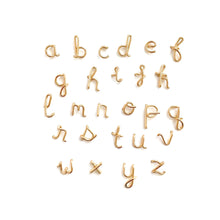 Load image into Gallery viewer, Gold Initial Earrings. 14k gold filled Small Dainty lowercase script earrings. Gold Letter Wire Studs. Aziza Jewelry
