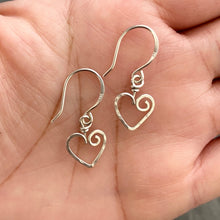 Load image into Gallery viewer, Heart Earrings. Sterling Silver Hammered Heart Small Hoop Dangle Earrings. 925 Silver Open Heart Earrings. 1 inch long. Aziza Jewelry
