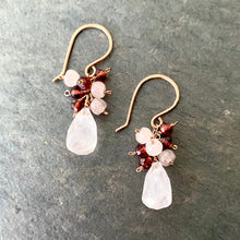 Load image into Gallery viewer, Rose Quartz Earrings. Genuine Rose Quartz and Red Garnet Earrings. Blush Pink Quartz Gemstone Dangle Earrings. 14k Rose Gold Filled

