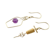 Load image into Gallery viewer, Wine Earrings. Wine Jewelry. Sterling Silver Grape and Cork Screw Earrings. Wine Lovers Earrings with Purple Amethyst Real Cork.
