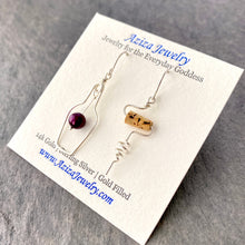 Load image into Gallery viewer, Wine Earrings. Sterling Silver Red Wine Lovers Earrings with Grape Real Cork. Wine Bottle. Wine Themed Jewelry
