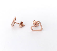 Load image into Gallery viewer, Rose Gold Heart Stud Earrings. Hand Hammered Heart Spiral Swirl Studs. Pink Gold Filled Heart Post Earrings. Small Girl Valentines Day Studs
