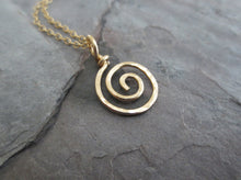 Load image into Gallery viewer, Gold spiral necklace pendant. 14k Solid Gold or Gold Filled Round Swirl Hammered Pendant. Sun swirl pendant. 1 inch tall.
