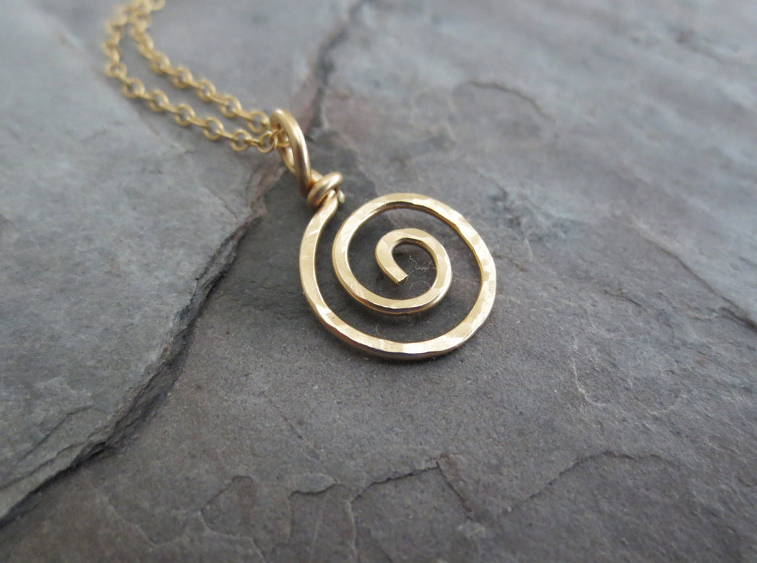 Gold spiral necklace pendant. 14k Solid Gold or Gold Filled Round Swirl Hammered Pendant. Sun swirl pendant. 1 inch tall.