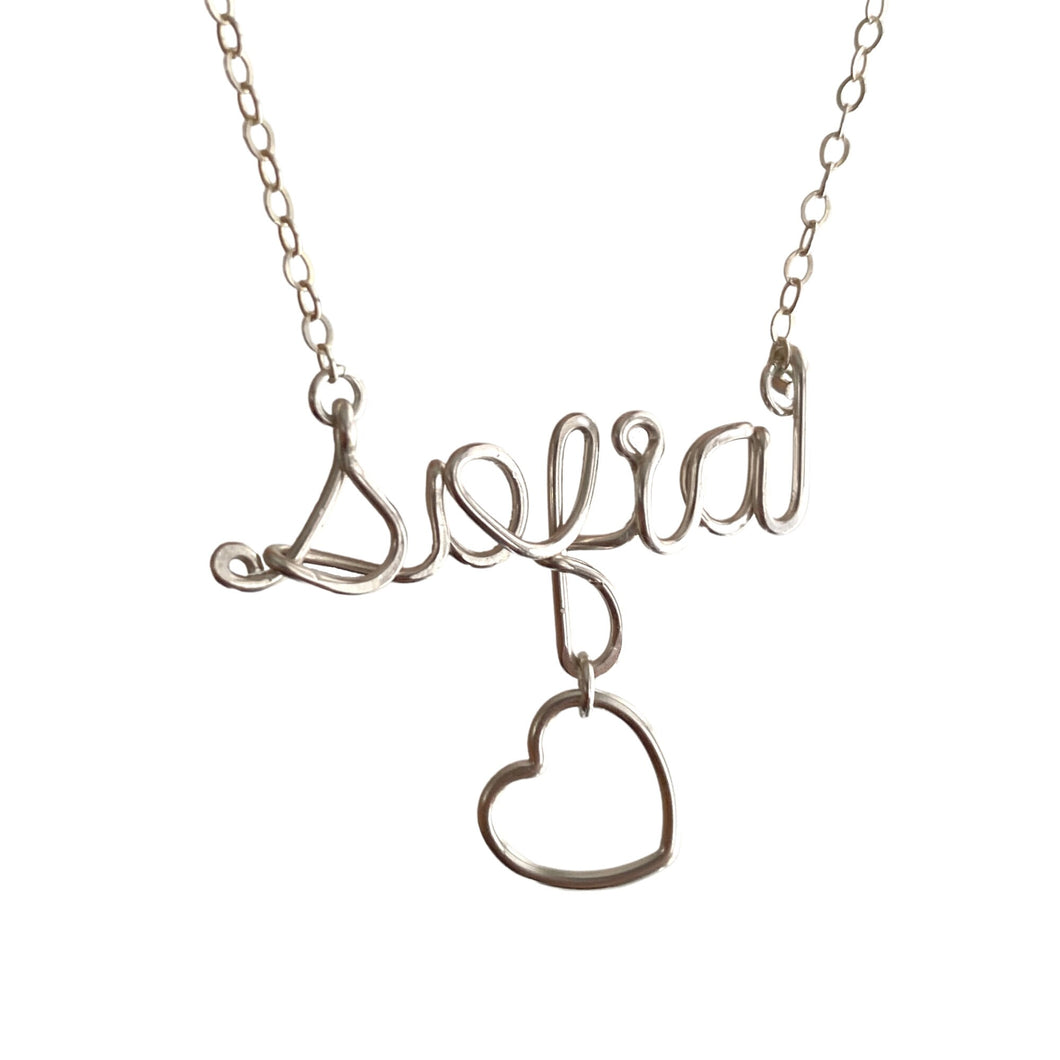 Custom Name Necklace with heart. Personalized Sterling Silver Name Necklace with large heart. Script lowercase Name Necklace. Valentines Day
