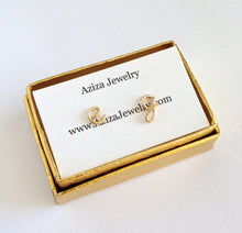 Load image into Gallery viewer, Gold Initial Earrings. 14k gold filled Small Dainty lowercase script earrings. Gold Letter Wire Studs. Aziza Jewelry
