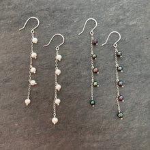 Load image into Gallery viewer, Black Pearl Earrings. Long Chain dangle peacock pearl earrings. Sterling Silver or 14k Gold Wire. Small freshwater pearls Earrings.

