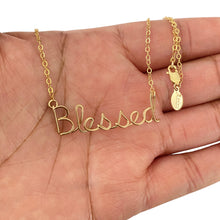 Load image into Gallery viewer, Blessed Necklace. Custom Gold or Silver Blessed Script Necklace. Wire Blessed Necklace. Spiritual Jewelry. Spiritual Religious Necklace.
