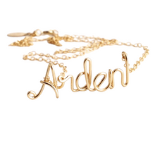 Load image into Gallery viewer, 14k Gold Filled Child Name Necklace. Personalized Girls Gold Name Necklace. Custom Script Calligraphy Name Necklace. Aziza Jewelry

