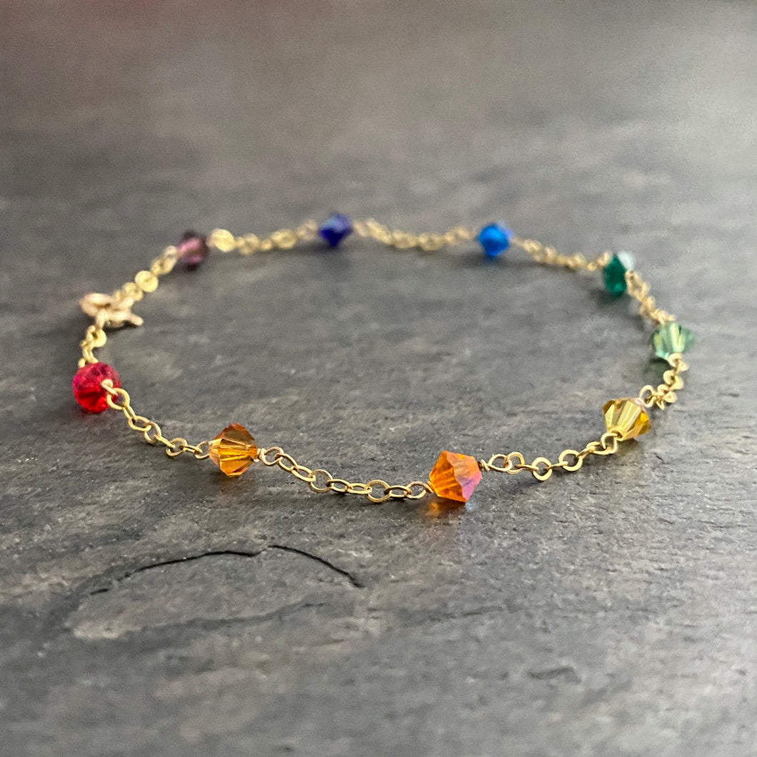 Rainbow Chain Bracelet. Swarovski Crystals in Rainbow Colors Bracelet 14k Gold Filled Clasp. Colorful Stacking Bracelet. Chakra Jewelry