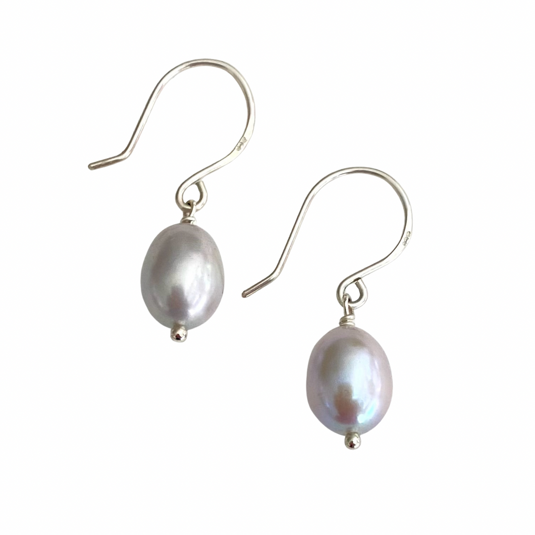 Gray Oval Freshwater Pearl Sterling Silver Handmade Earrings