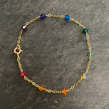 Load image into Gallery viewer, Rainbow Chain Bracelet. Swarovski Crystals in Rainbow Colors Bracelet 14k Gold Filled Clasp. Colorful Stacking Bracelet. Chakra Jewelry
