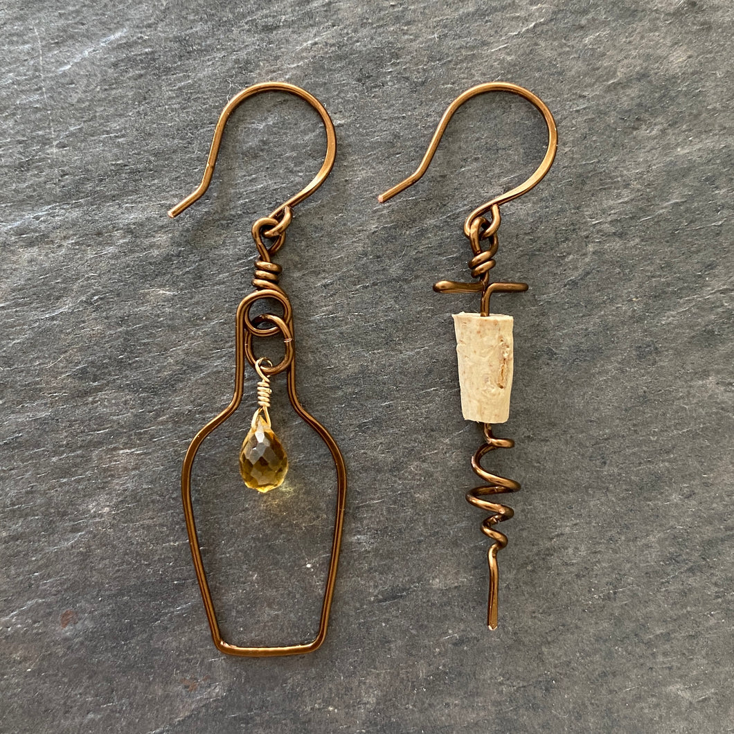 Wine Jewelry. Champagne Earrings. White Wine Cocktail Champagne Bottle and Cork Screw Earrings with Genuine Citrine