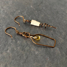 Load image into Gallery viewer, Wine Jewelry. Champagne Earrings. White Wine Cocktail Champagne Bottle and Cork Screw Earrings with Genuine Citrine
