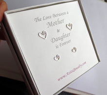 Load image into Gallery viewer, Mother Daughter Heart Earrings Gift Set. 2 Pair Sterling Silver Heart Studs Set. Cute Valentines Day Mothers Day Earrings. Push Present.
