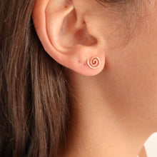 Load image into Gallery viewer, Rose Gold Earrings. 14k Rose Gold Hand Hammered Spiral Studs. Swirly Sun Stud Post Earrings. Small Girl Studs.
