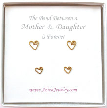 Load image into Gallery viewer, Mother Daughter Gold Heart Studs Set. 2 Pairs 14k Gold Heart Earrings Gift Set. Mommy and Me. Push Present. Mom to Be
