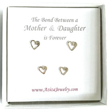 Load image into Gallery viewer, Mother Daughter Heart Earrings Gift Set. 2 Pair Sterling Silver Heart Studs Set. Cute Valentines Day Mothers Day Earrings. Push Present.
