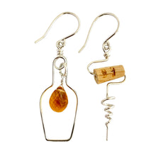 Load image into Gallery viewer, Champagne Bottle and Cork Screw Earrings with Genuine Citrine. Wine Lover Gift.
