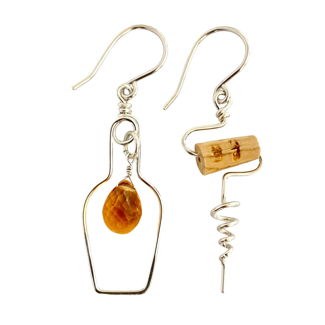 Champagne Bottle and Cork Screw Earrings with Genuine Citrine. Wine Lover Gift.