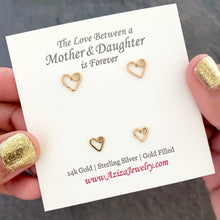 Load image into Gallery viewer, Mother Daughter Gold Heart Studs Set. 2 Pairs 14k Gold Heart Earrings Gift Set. Mommy and Me. Push Present. Mom to Be
