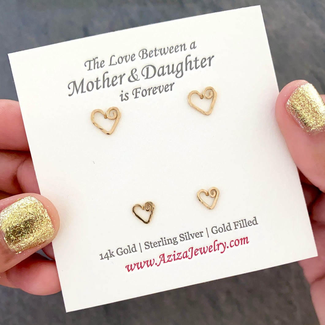 Mother Daughter Gold Heart Studs Set. 2 Pairs 14k Gold Heart Earrings Gift Set. Mommy and Me. Push Present. Mom to Be