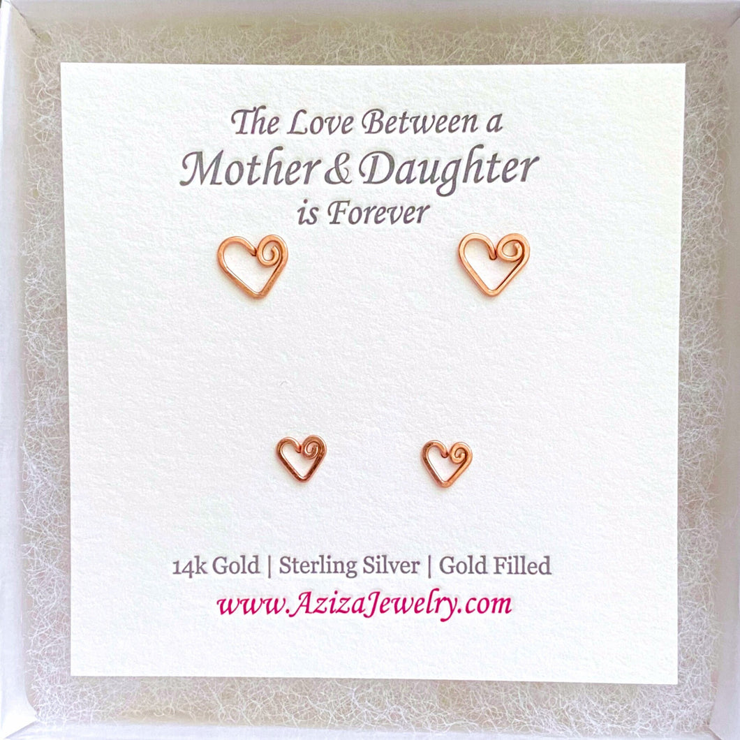 Rose Gold Heart Studs Set for Mother Daughter. 2 Pairs 14k Rose Gold Heart Studs Set. Mother Daughter Rose Gold Heart Earrings. Push Present