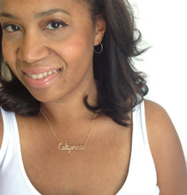 Load image into Gallery viewer, Gold Happy Necklace. 14k Gold Filled Script Wire Happy Necklace. Happy Necklace. Boho Chic Yoga Inspired Gold Handmade Necklace.
