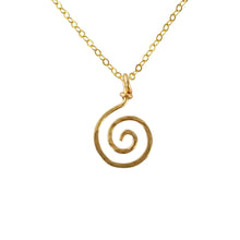 Load image into Gallery viewer, Gold spiral necklace pendant. 14k Solid Gold or Gold Filled Round Swirl Hammered Pendant. Sun swirl pendant. 1 inch tall.
