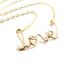 Load image into Gallery viewer, Gold love Necklace. 14k Gold Fill Cursive Script Love necklace
