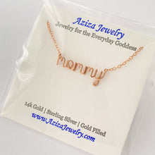Load image into Gallery viewer, Mommy Necklace. Rose Gold Mom Lowercase Script Mommy Necklace in 14k rose gold filled. Mothers Day Gift. Push Present by Aziza Jewelry

