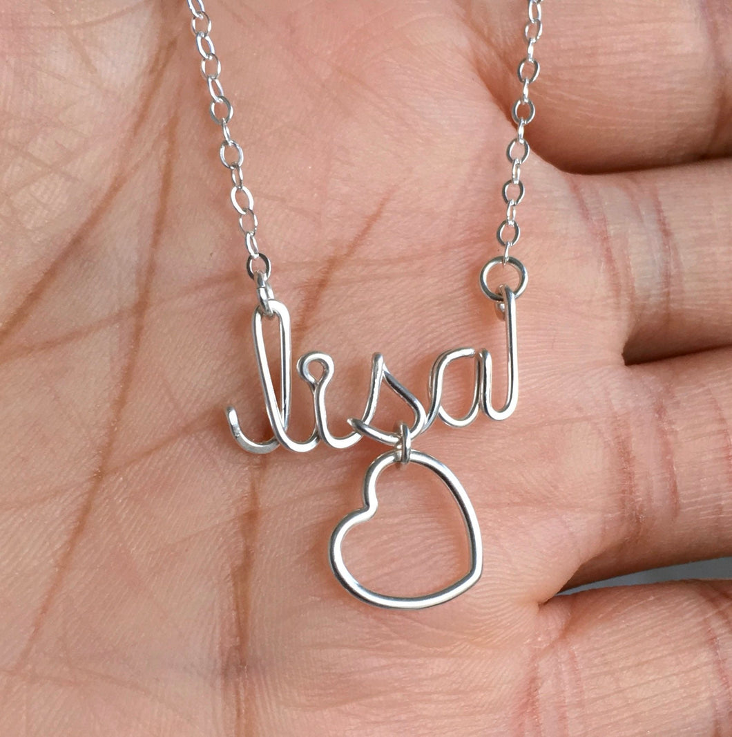 Custom Name Necklace with heart. Personalized Sterling Silver Name Necklace with large heart. Script lowercase Name Necklace. Valentines Day