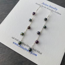 Load image into Gallery viewer, Black Pearl Earrings. Long Chain dangle peacock pearl earrings. Sterling Silver or 14k Gold Wire. Small freshwater pearls Earrings.
