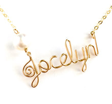 Load image into Gallery viewer, Gold Name Necklace with Off White Freshwater Pearl. Personalized Custom Off Round Pearl Name Necklace
