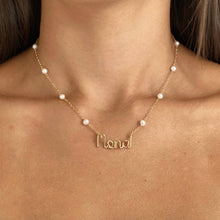 Load image into Gallery viewer, Chain and Small Pearl Name Necklace. Off White Freshwater Pearl Necklace in 14k Gold Filled
