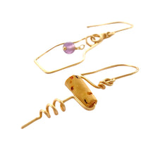 Load image into Gallery viewer, Wine Earrings. 14k Gold Grape and Cork Screw Wine Earrings. Wine Lovers Earrings with Real Amethyst Gemstone and Cork. Cocktail Earrings
