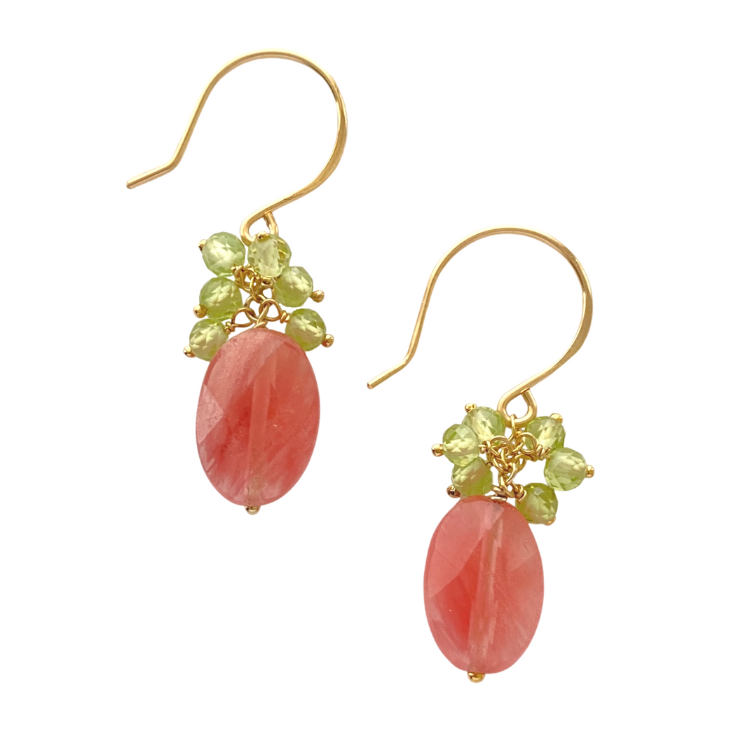 Cherry Quartz Earrings with Peridot Gemstones Clusters.